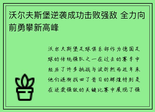 沃尔夫斯堡逆袭成功击败强敌 全力向前勇攀新高峰